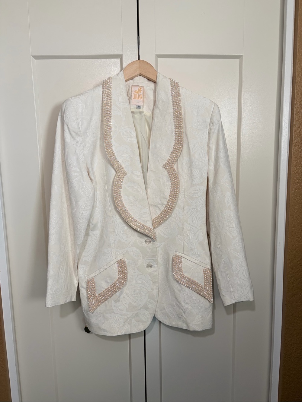 Julian Womens White Brocade Evening Blazer Embellished Pearls Lapels Size 36-38